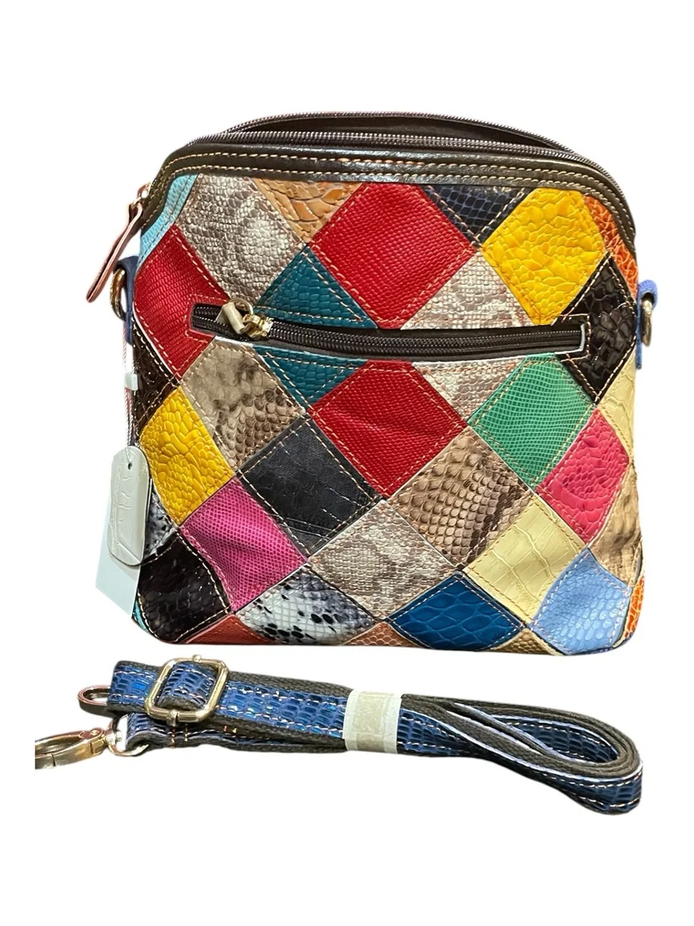 Colorful Patchwork Floral Crossbody Bag - Tassel Zips - Upcycled - Leather